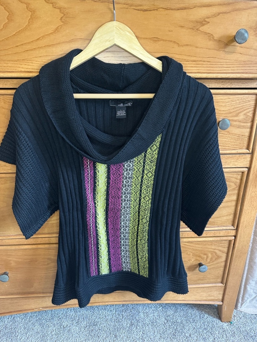 Willi Smith Cowl Neck Black Sweater with Pink and Green Stripes Cozy Oversized L